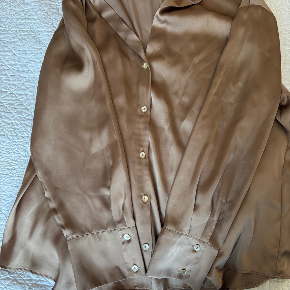 Elegant Women's Satin Blouse - Tan